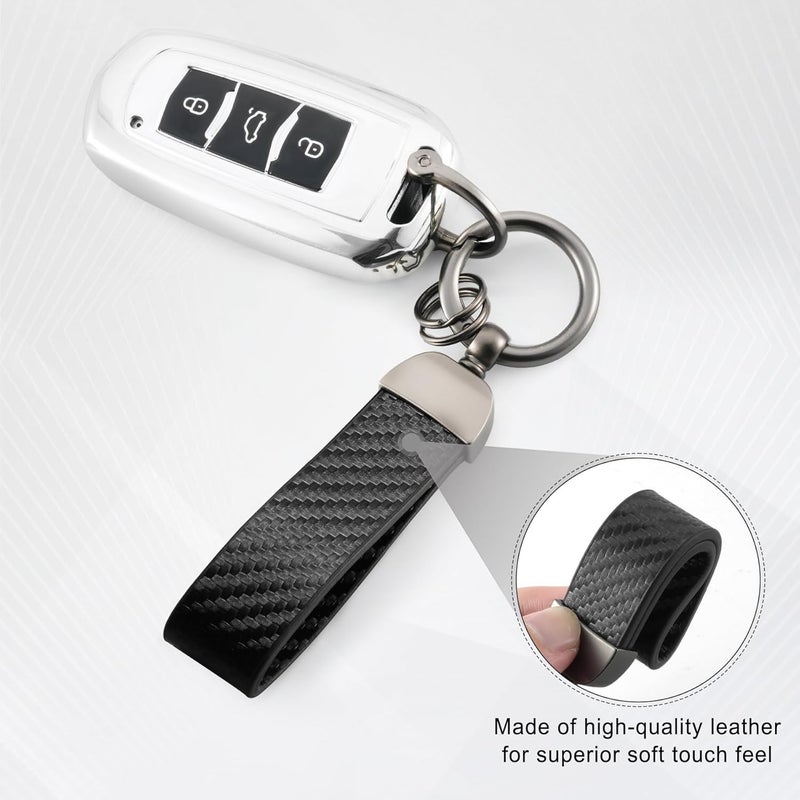 JUSTTOP Leather Keychain, Carbon Fiber Car Key Chain with Anti-Lost D-Ring and 2 Key Ring, Keychain Wristlet, Car Accessories, Universal Keychain for Men and Women (Black) - Image 3